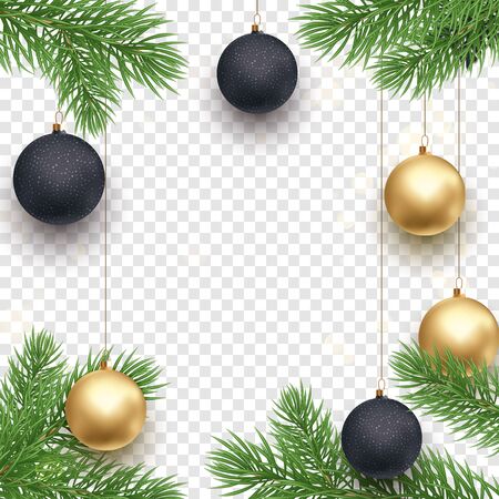 Christmas holiday greeting card background template of golden ball decorations on Christmas tree branches. Vector New Year gold glitter stars confetti on transparent luxury white backgroundのイラスト素材
