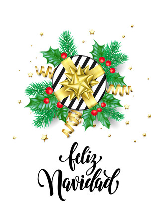 Merry Christmas Spanish Feliz Navidad trendy quote calligraphy on white premium background for winter holiday design template. Vector Christmas tree holly wreath decoration in golden ribbon confettiのイラスト素材