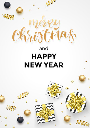 Happy New Year and Merry Christmas greeting card background template of golden modern quote calligraphy. Vector gift ribbon or gold glittering star confetti on Christmas winter holiday luxury whiteのイラスト素材