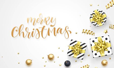 Merry Christmas holiday background template of golden decoration and hand drawn calligraphy font. Vector gift golden ribbon bow or gold confetti for Christmas party white greeting cardのイラスト素材