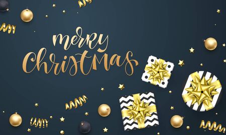Merry Christmas greeting card background template of golden gift ribbon or gold glittering stars confetti on premium black. Vector Christmas winter holiday modern hand drawn calligraphy letteringのイラスト素材