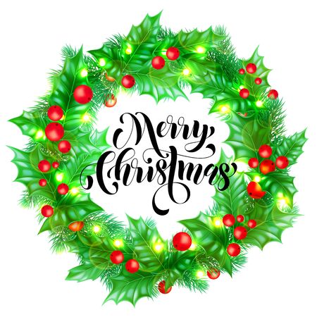 Merry Christmas calligraphy hand drawn text and holly or Christmas tree wreath decoration for greeting card design template. Vector New Year golden lights garland frame on premium white backgroundのイラスト素材