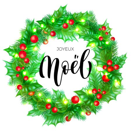 Joyeux Noel French Merry Christmas trendy quote calligraphy and holly wreath on white premium background for winter holiday design template. Vector New Year tree golden garland lights frameのイラスト素材