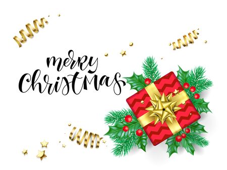 Merry Christmas holiday background template of hand drawn calligraphy quote text for greeting card. Vector golden decoration, gift ribbon bow or gold confetti on white premium sale banner designのイラスト素材
