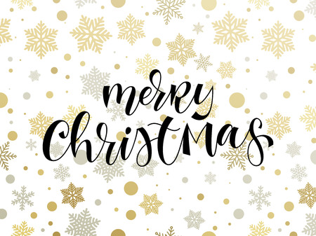 Merry Christmas holiday snowflake pattern background template and hand drawn calligraphy quote text for greeting card. Vector golden decoration on white premium snow designのイラスト素材
