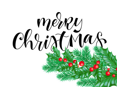 Merry Christmas holiday quote hand drawn text calligraphy lettering or background template of golden decoration on holly wreath decoration. Vector Christmas tree card white designのイラスト素材