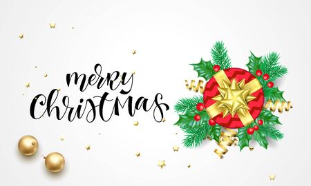 Merry Christmas holiday hand drawn quote calligraphy greeting card background template. Vector golden decoration, gift in ribbon bow or gold confetti on white premium designのイラスト素材