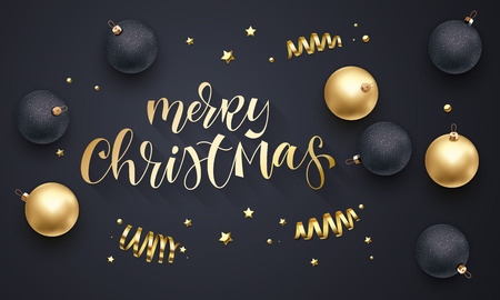 New Year or Christmas greeting card background template of golden ball in gift ribbon or gold glittering stars confetti on premium black transparent. Vector Christmas winter holiday decoration bannerのイラスト素材