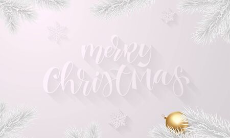 Christmas holiday greeting card background template of golden ball decorations on Christmas tree branches. Vector New Year quote text calligraphy on luxury white backgroundのイラスト素材
