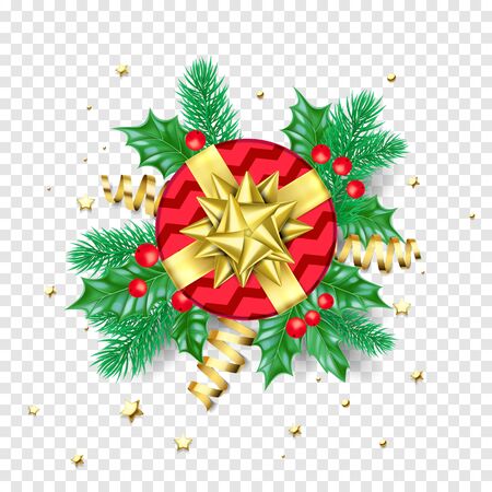 Christmas or New Year holiday background template of golden decoration on holly wreth decoration. Vector gift golden ribbon bow or gold confetti Christmas tree card black designのイラスト素材