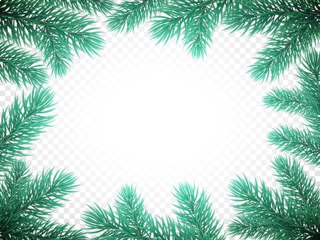 Christmas holiday greeting card background template of New Year fir or pine tree branch wreath frame decoration. Vector Christmas or New Year banner design on transparent luxury whiteのイラスト素材