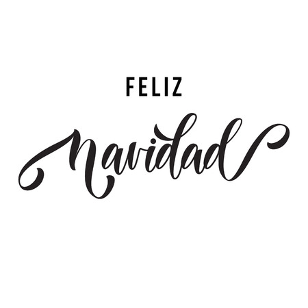 Merry Christmas Feliz Navidad hand drawn calligraphy modern lettering text for Spanish Christmas greeting card. Vector festive flourish ornamental winter holiday quote on white backgroundのイラスト素材