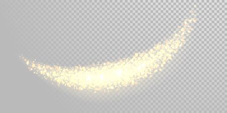 Christmas holiday golden glitter light wave background template of sparkling gold particles and shiny confetti effect. Vector glittering shimmer glare trail for New Year or Christmas white designのイラスト素材