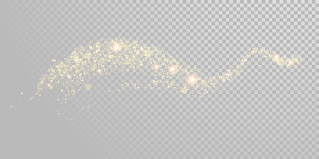 Christmas holiday golden glitter light wave background template of sparkling gold particles and shiny confetti effect. Vector glittering shimmer glare trail for New Year or Christmas white designのイラスト素材