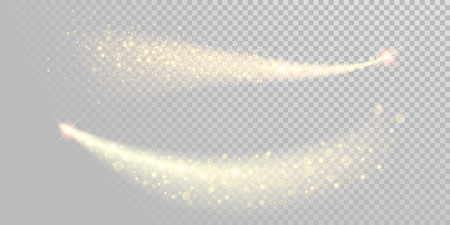 Christmas holiday golden glitter light wave background template of sparkling gold particles and shiny confetti effect. Vector glittering shimmer glare trail for New Year or Christmas white designのイラスト素材