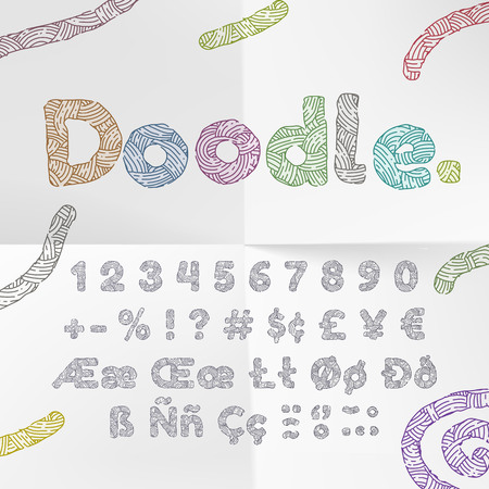 Doodle text font alphabet numbers with wool knitted texture. Vector cartoon hand drawn letters of woven textile lines or color chalk doodle. Funny typography symbols scribble sketch for coloring bookのイラスト素材