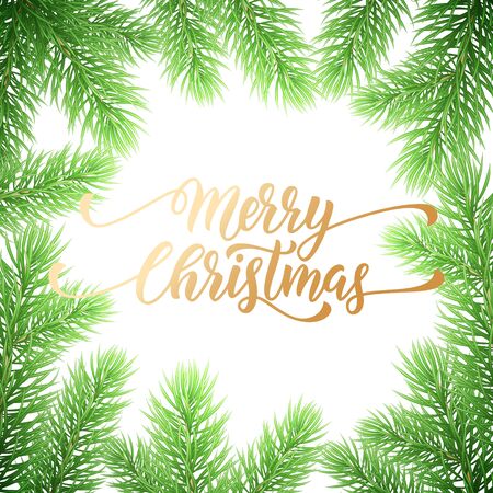 Merry Christmas holiday golden, hand drawn quote calligraphy greeting card background template. Vector Christmas fir branches garland wreath decoration and golden text on white premium designのイラスト素材