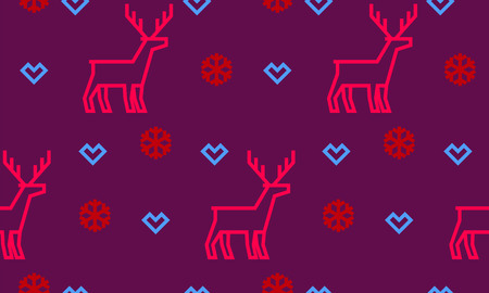 Christmas deer, heart and snowflake vector seamless pattern background for winter holiday greeting card. Vector simple flat line reindeer and geometric snow for New Year decoration backgroundのイラスト素材
