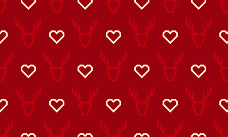 Christmas pattern of deer reindeer and heart embroidery. Vector red deer pattern background for winter holiday New Year greeting card of simple line pixel graphic design templateのイラスト素材