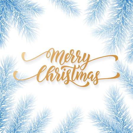 Merry Christmas holiday hand drawn quote golden calligraphy greeting card background frozen blue template. Vector Christmas tree fir or pine wreath branch decoration on white snow ice designのイラスト素材