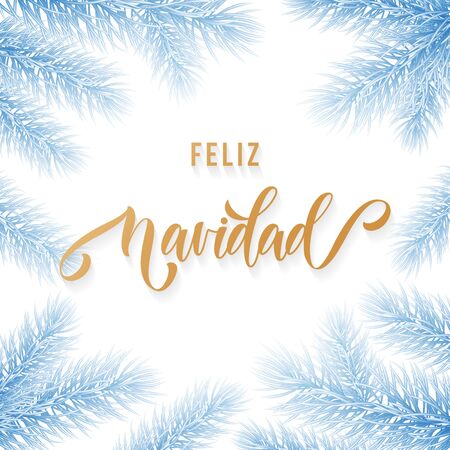 Feliz Navidad Spanish Merry Christmas hand drawn golden calligraphy in fir branch decoration and Christmas blue frost. Vector winter New Year holiday greeting card white frozen ice background designのイラスト素材