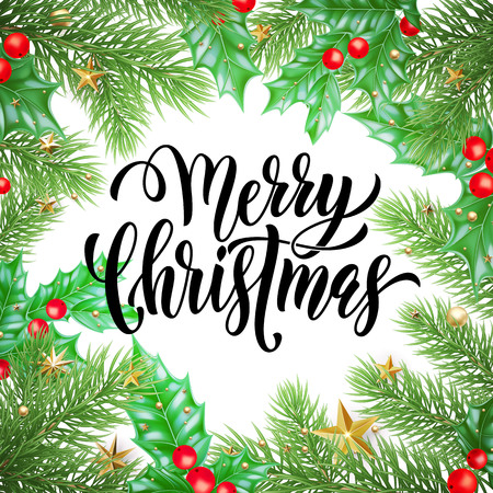 Merry Christmas holiday hand drawn quote calligraphy greeting card background template. Vector Christmas tree or holly wreath decoration, golden garland of New Year stars on white premium designのイラスト素材