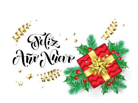 Feliz Ano Nuevo Spanish Happy New Year calligraphy hand drawn text for greeting card background template. Vector Christmas tree holly wreath decoration, golden confetti ribbon on premium white designのイラスト素材