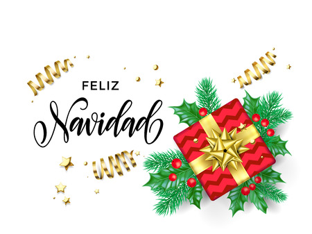 Feliz Navidad Merry Christmas Spanish holiday hand drawn quote calligraphy greeting card background template. Vector Christmas tree holly wreath decoration, golden gift or ribbon confetti white designのイラスト素材