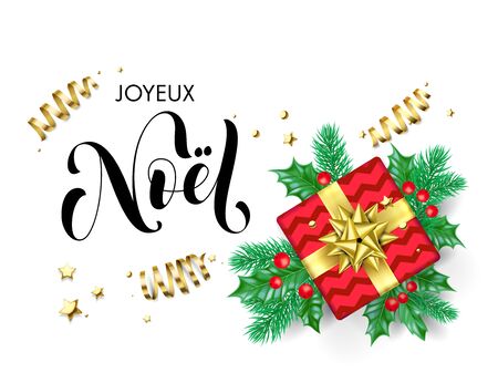 Joyeux Noel Merry Christmas Frenchtrendy quote calligraphy on white premium background for winter holiday design template. Vector Christmas tree holly wreath decoration in golden ribbon gift confettiのイラスト素材