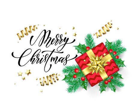 Merry Christmas holiday hand drawn quote calligraphy greeting card background template. Vector Christmas tree or holly wreath decoration, golden gift and ribbon confetti on white premium designのイラスト素材
