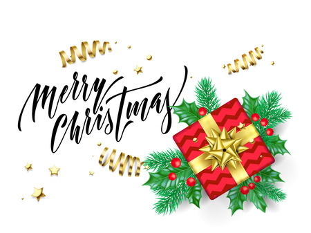 Merry Christmas holiday hand drawn quote calligraphy greeting card background template. Vector Christmas tree or holly wreath decoration, golden gift and ribbon confetti on white premium designのイラスト素材