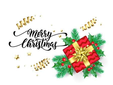 Merry Christmas trendy quote calligraphy on white premium background for winter holiday design template. Vector Christmas tree holly wreath decoration, red gift and golden ribbon confettiのイラスト素材
