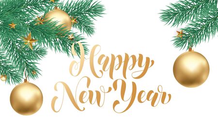 Happy New Year golden calligraphy hand drawn text and golden ball or star ornament for greeting card background template.のイラスト素材