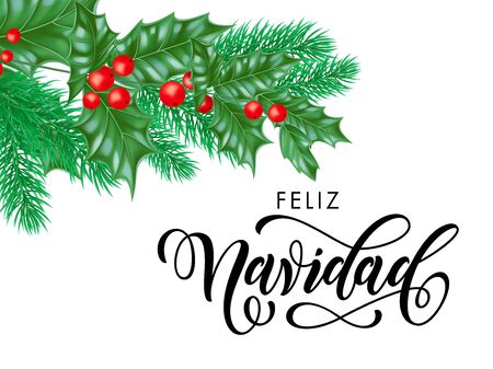 Feliz Navidad Spanish Merry Christmas hand drawn calligraphy in holly wreath decoration and Christmas tree fir or pine branches. Vector winter New Year holiday greeting card white background templateのイラスト素材