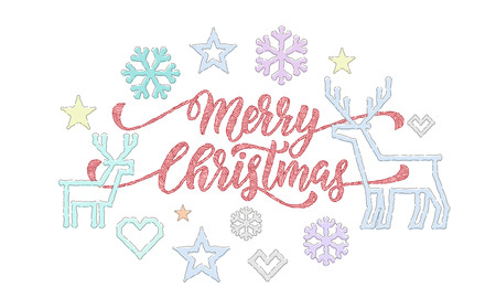 Merry Christmas calligraphy font and embroidery decorations for holiday greeting card design. Vector Christmas deer, snowflake and star decoration knitted pattern on white New Year backgroundのイラスト素材