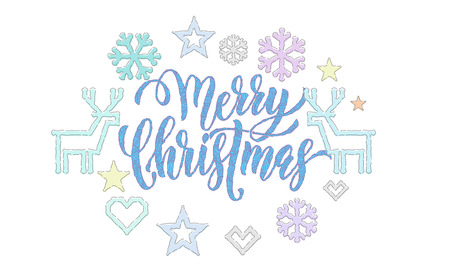 Merry Christmas embroidery font and knitted decorations for holiday greeting card design. Vector Christmas calligraphy text, deer or snowflake and star decoration knitting on white New Year backgroundのイラスト素材