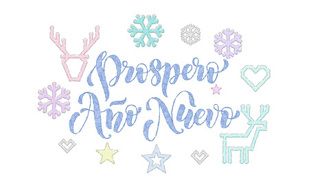 Prospero Ano Nuevo Spanish New Year knitted calligraphy font decoration for holiday greeting card design. Vector Christmas deer, snowflake decoration embroidery pattern on Xmas white backgroundのイラスト素材
