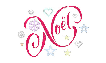 Joyeux Noel French Merry Christmas embroidery font and decoration for holiday greeting card design. Vector Christmas knitted calligraphy text, New Year deer or snowflake decoration on white backgroundのイラスト素材