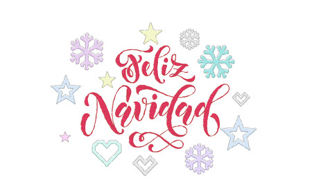 Feliz Navidad Spanish Merry Christmas knitted calligraphy font decoration for holiday greeting card design. Vector Christmas deer, snowflake decoration embroidery pattern on New Year white backgroundのイラスト素材