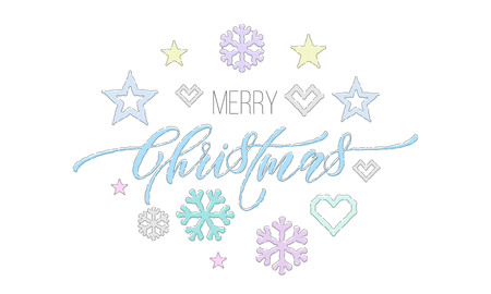 Merry Christmas embroidery font and decorations for holiday greeting card design. Vector Christmas knitted calligraphy text, New Year deer or snowflake and star decoration pattern on white backgroundのイラスト素材