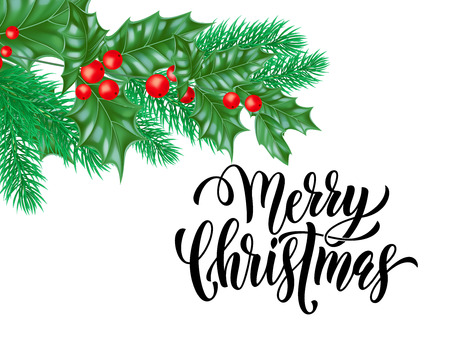 Merry Christmas holiday hand drawn quote calligraphy greeting card background template. Vector Christmas tree holly wreath decoration on white premium design.のイラスト素材