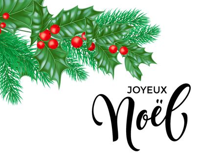 Joyeux Noel French Merry Christmas hand drawn quote calligraphy and Christmas holly wreath for holiday greeting card background template. Vector New Year tree decoration of fir branch on white designのイラスト素材