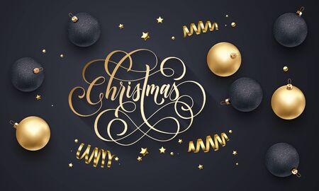 Merry Christmas holiday golden decoration, gold hand drawn calligraphy font for greeting card designのイラスト素材