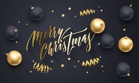 Merry Christmas golden decoration, hand drawn gold calligraphy font for greeting card designのイラスト素材