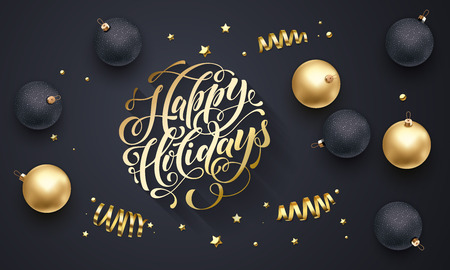Happy Holidays golden decoration, hand drawn gold calligraphy font for greeting card designのイラスト素材