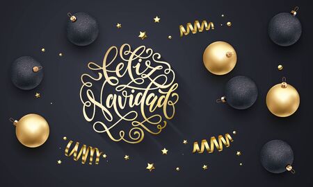 Feliz Navidad - Spanish Merry Christmas golden decoration, hand drawn gold calligraphy font for greeting card designのイラスト素材