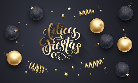 Felices Fiestas - Spanish Happy Holidays golden decoration, hand drawn gold calligraphy font for greeting card designのイラスト素材
