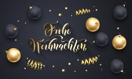 Frohe Weihnachten - German Merry Christmas golden decoration, hand drawn calligraphy golden font vector designのイラスト素材