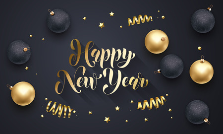 Happy New Year golden decoration, hand drawn gold calligraphy font for greeting card designのイラスト素材
