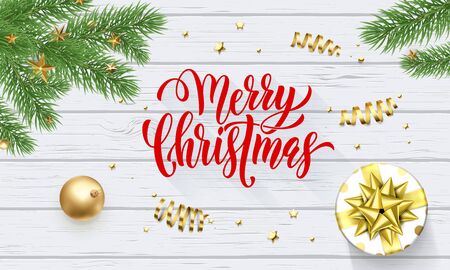 Merry Christmas holiday golden decoration on Xmas tree, calligraphy font for greeting card on white wooden background. Vector Christmas or New Year golden shiny gift ribbon confetti for decoration designのイラスト素材